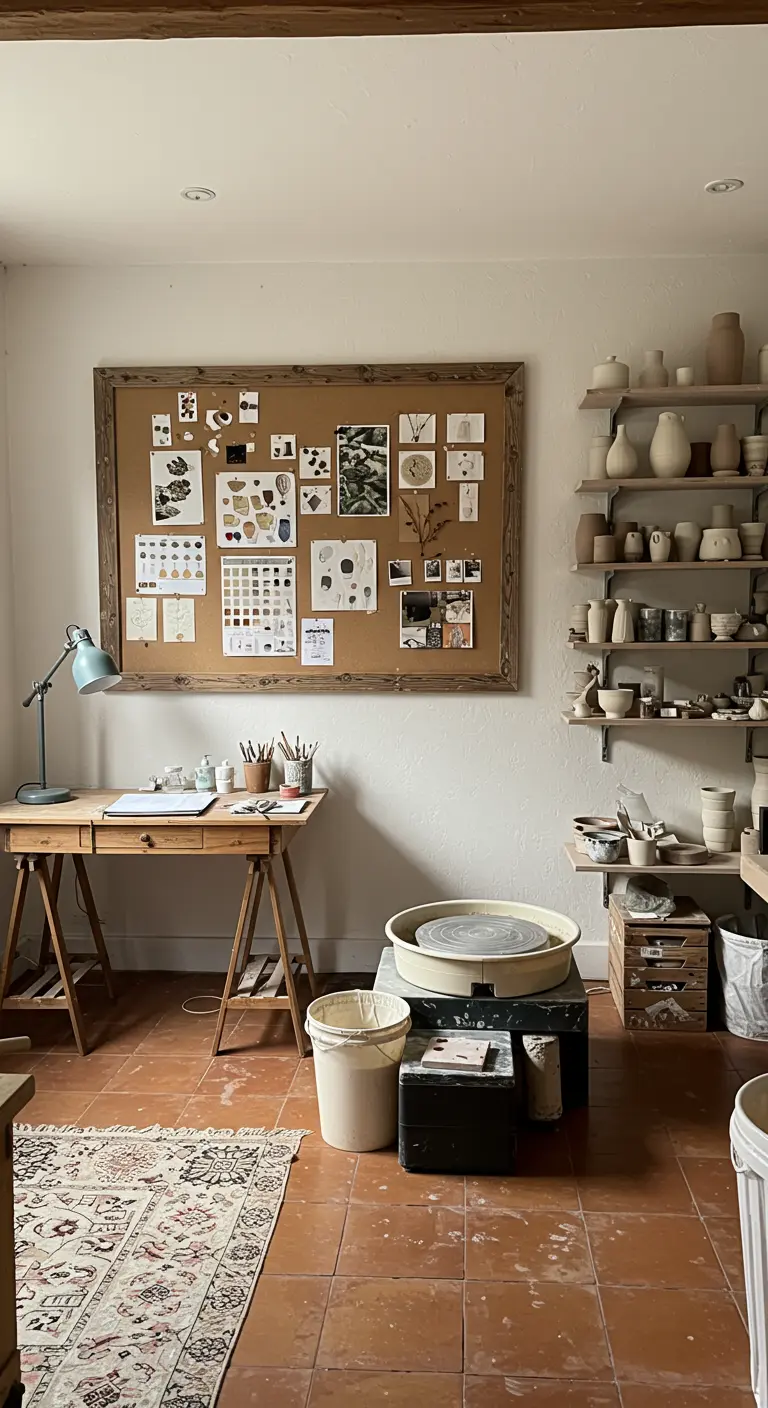 Atelier de potier avec bureau en bois, étagères de céramiques et grand moodboard.