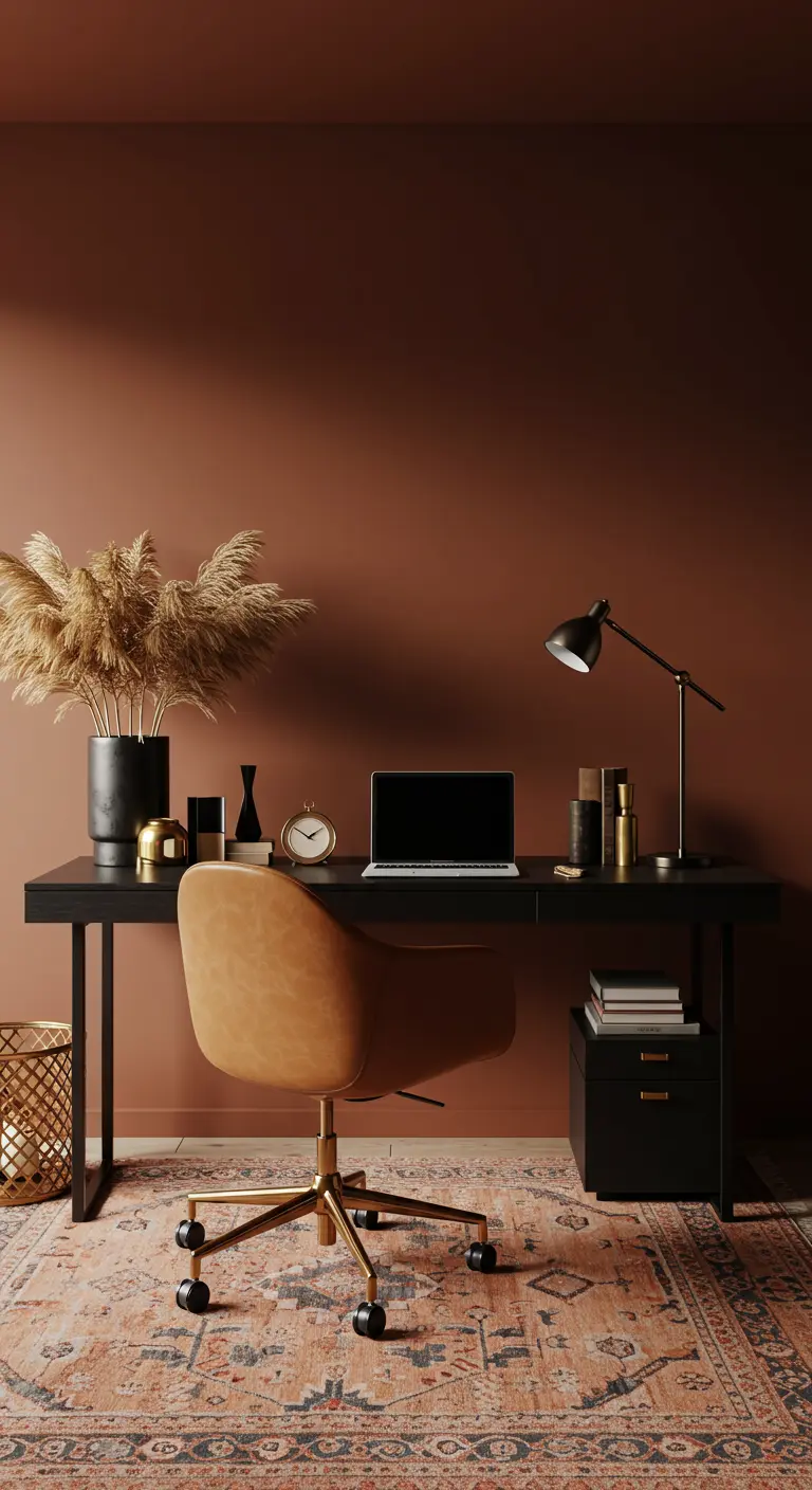 Bureau noir devant un mur terracotta, avec une chaise en cuir et un bouquet d'herbes de la pampa.