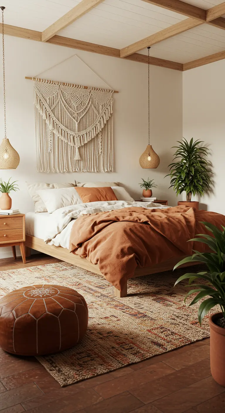 Chambre bohème aux tons terreux avec une grande tenture en macramé au-dessus du lit.