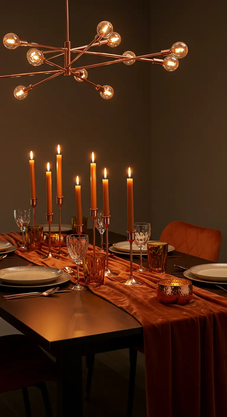 Table de dîner aux tons chauds avec chemin de table et bougies orange, et accents de cuivre.