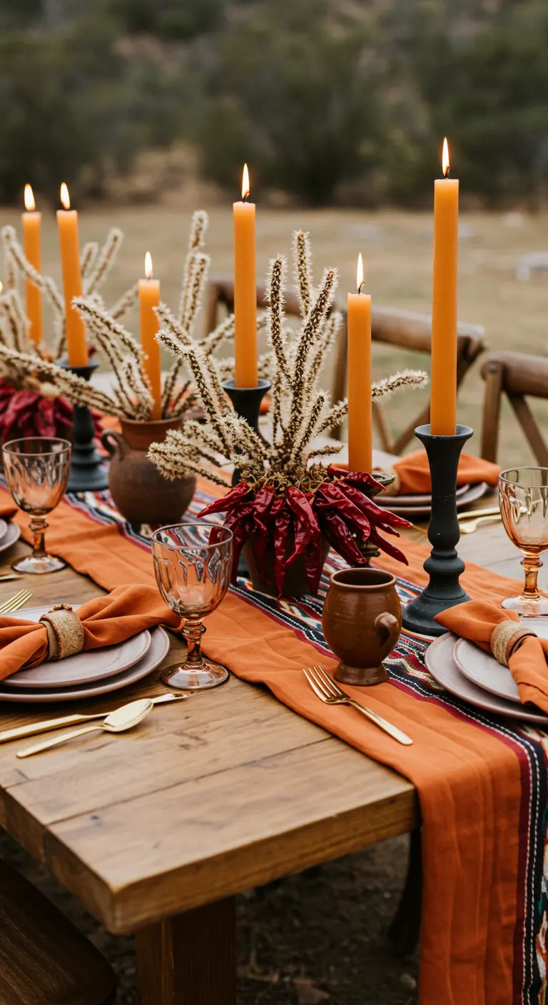 Table rustique avec chemin de table orange, plantes séchées et piments.