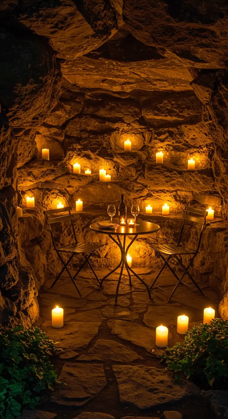 Dîner romantique pour deux dans une grotte éclairée par de nombreuses bougies.