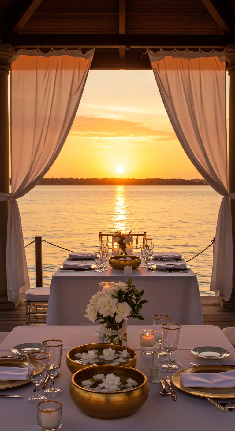 Table pour deux dressée au bord de l'eau au coucher du soleil, avec de la vaisselle dorée.