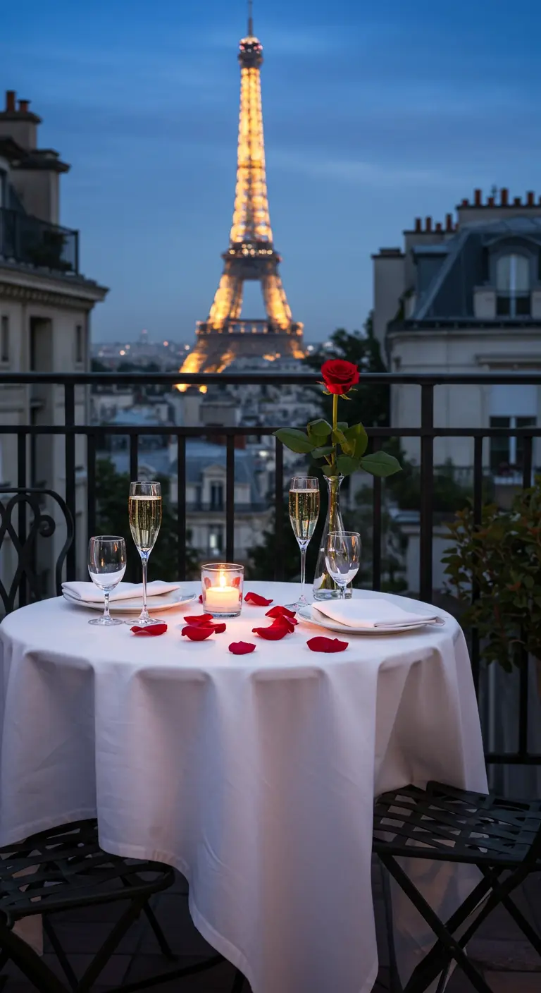 Petite table pour deux sur un balcon parisien avec la Tour Eiffel en arrière-plan.