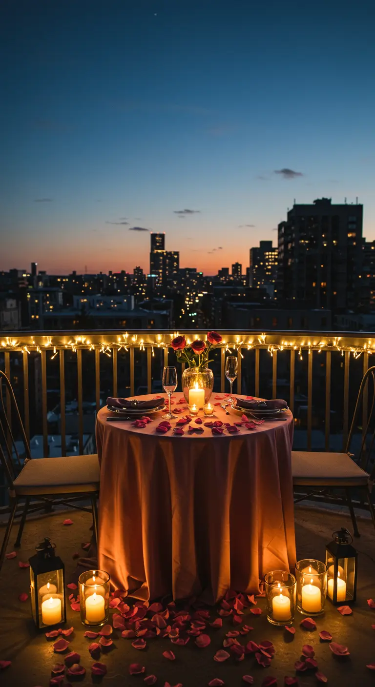 Dîner romantique sur un balcon au crépuscule, entouré de bougies et de pétales de roses.