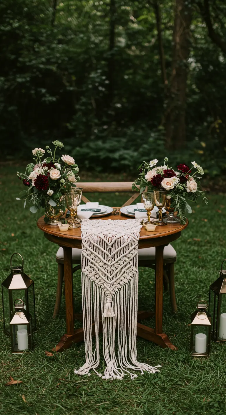 Table pour deux en extérieur avec un grand macramé et des lanternes au sol.