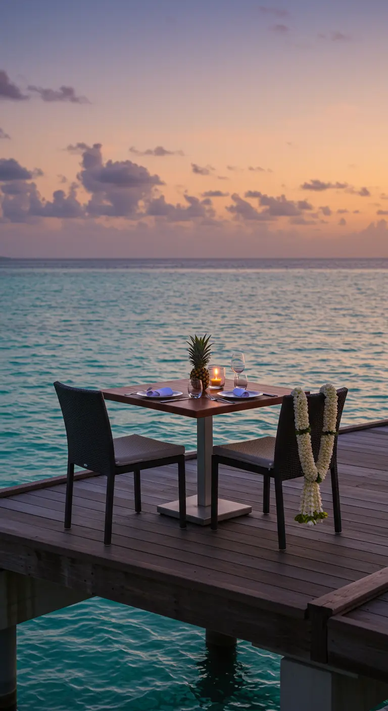 Dîner romantique pour deux sur un ponton au-dessus de l'eau turquoise.