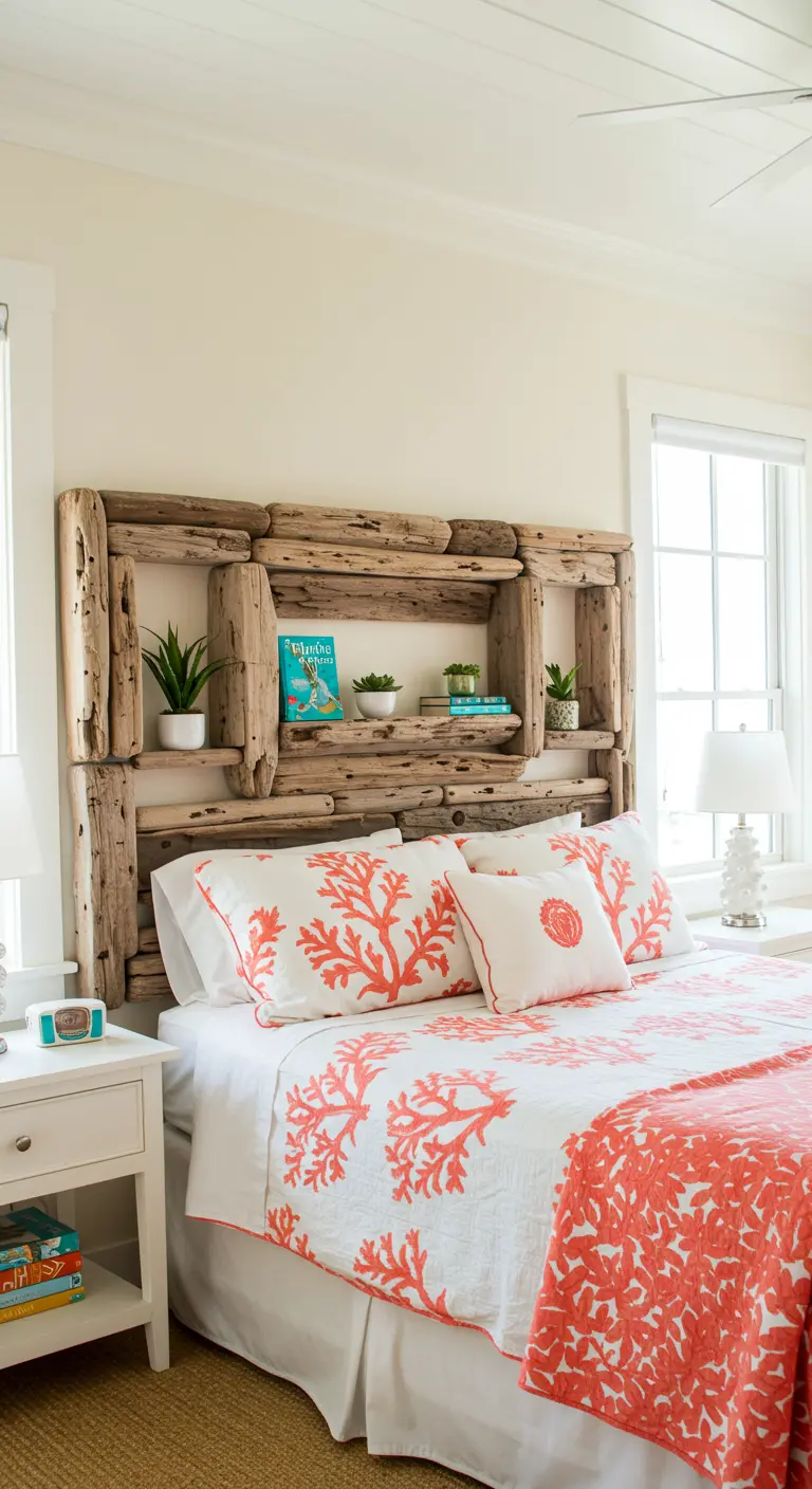 Tête de lit en bois flotté épais formant des étagères et des niches de rangement.