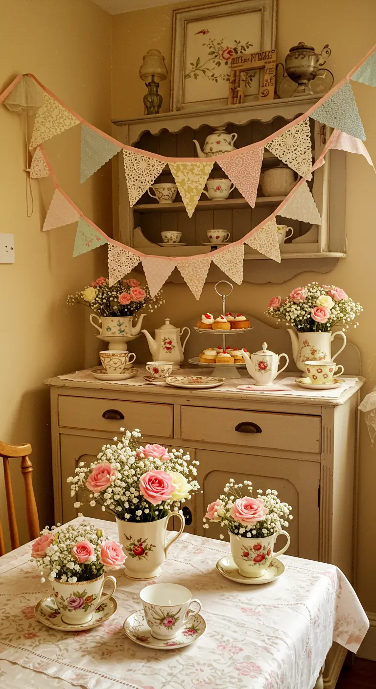 Table de thé shabby chic avec guirlande de fanions, tasses de roses et napperons en dentelle.