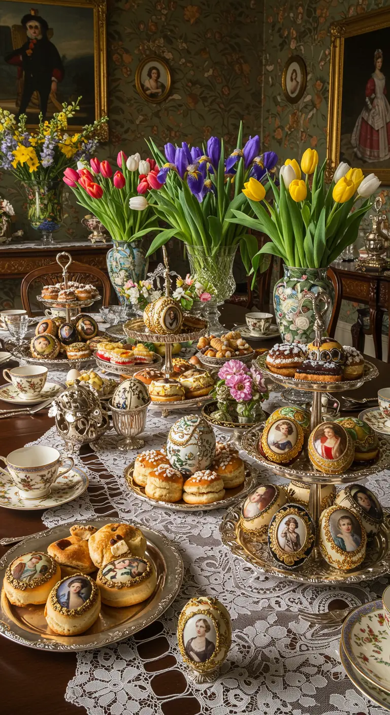 Table de Pâques maximaliste et opulente avec de l'argenterie, de la dentelle et des œufs décorés.