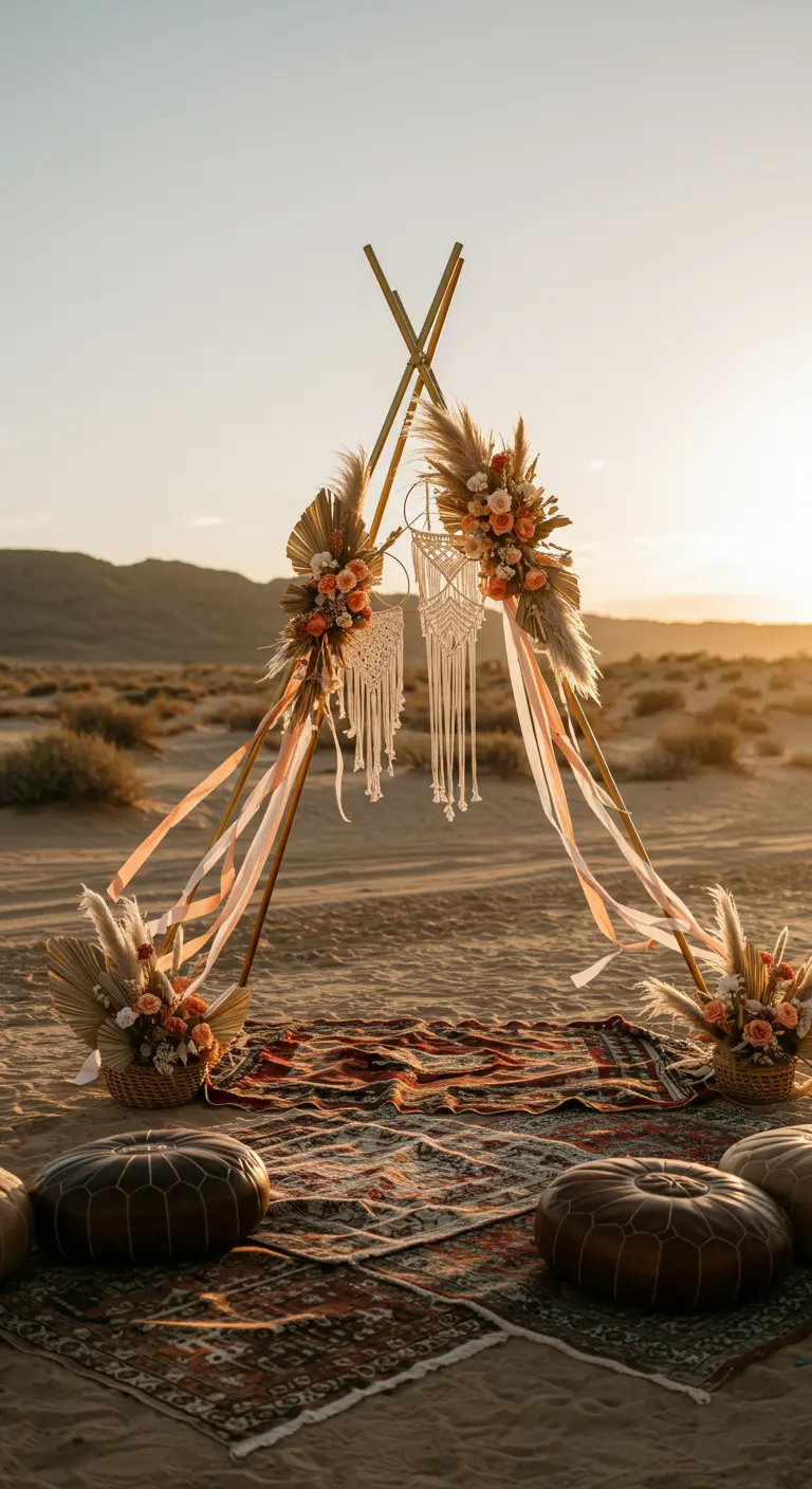 Structure de mariage en forme de tipi avec macramé et fleurs séchées dans le désert.