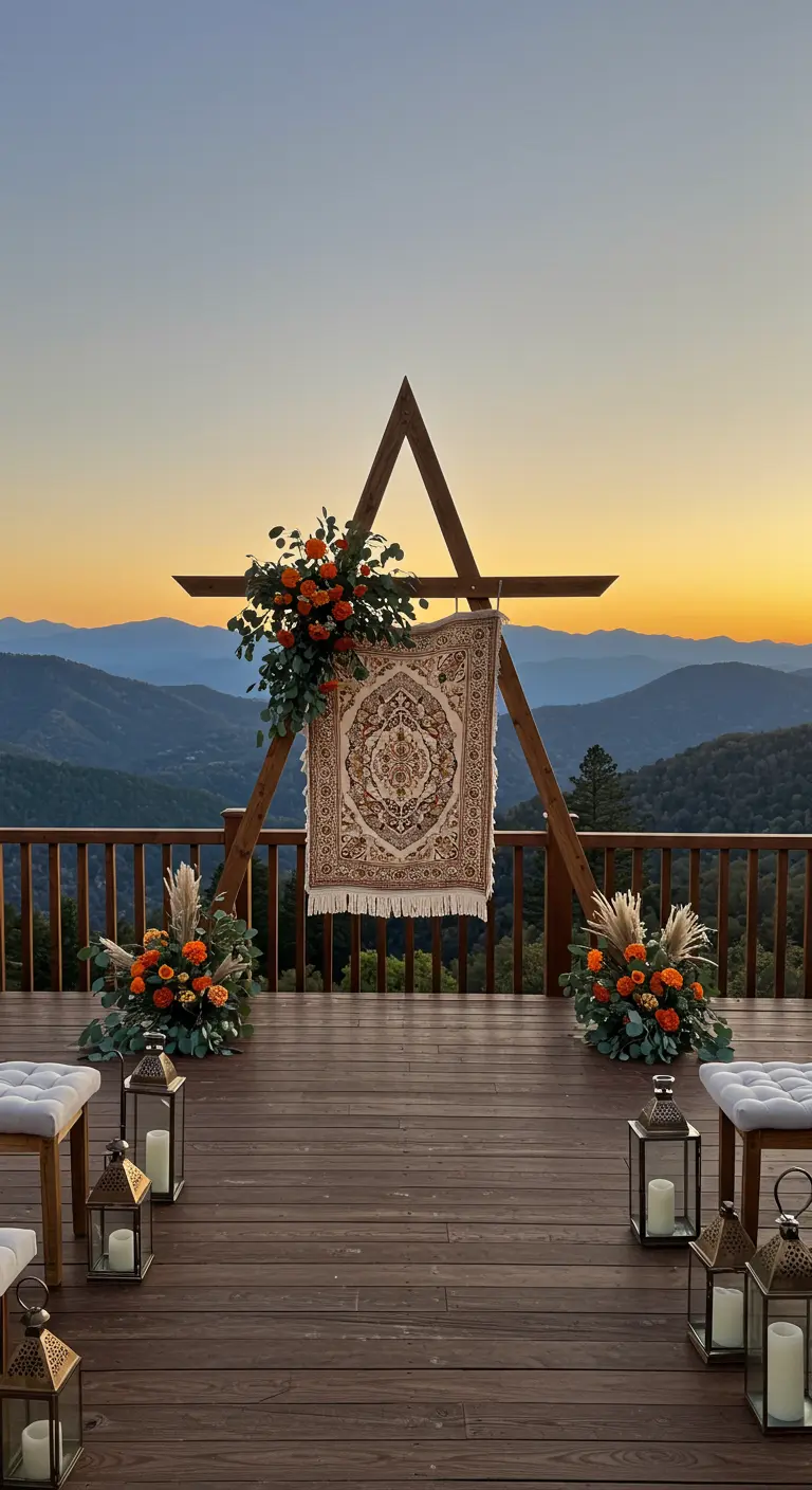 Arche en bois en forme de A sur un balcon de montagne avec un tapis suspendu.