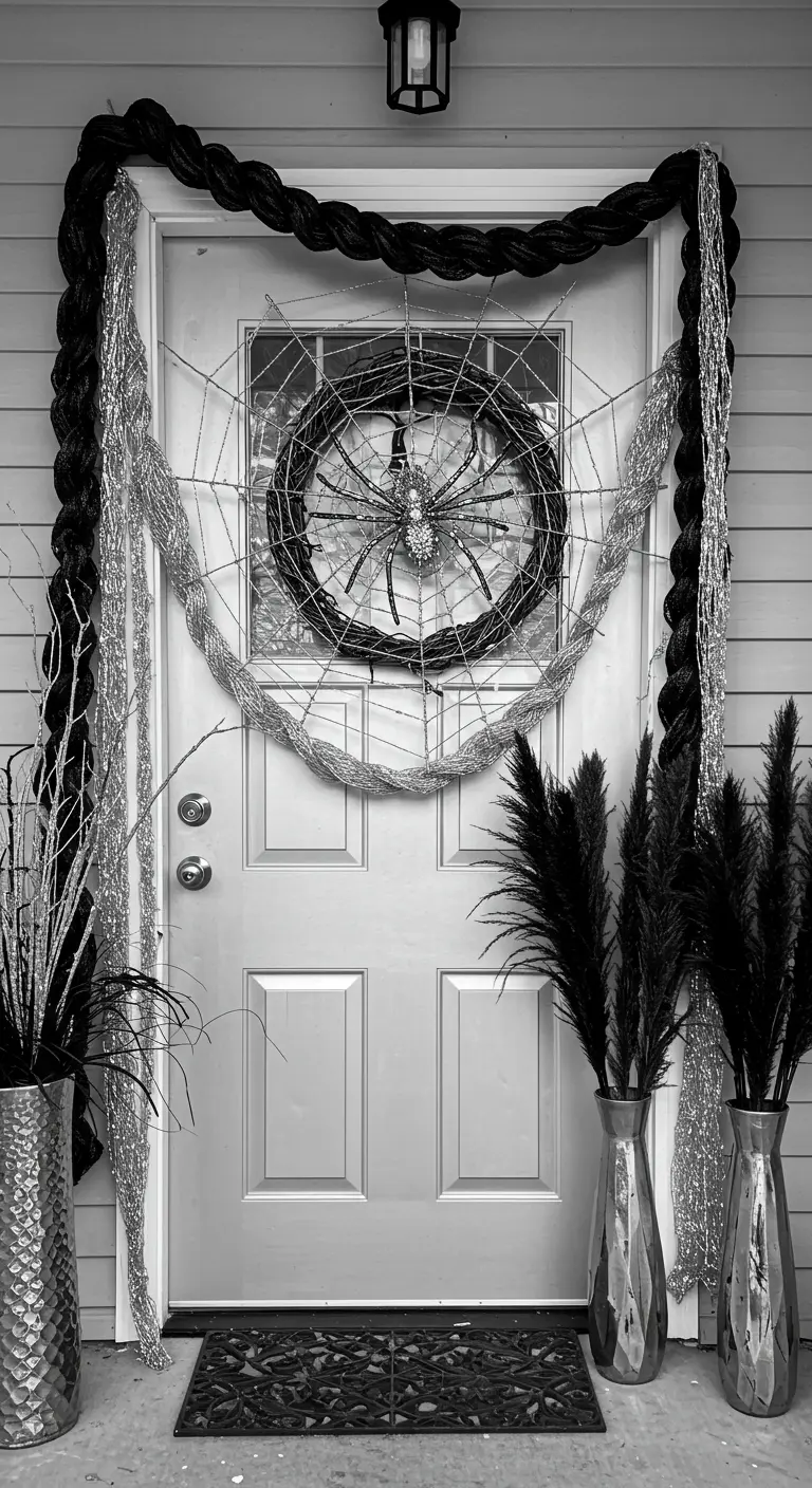 Porte blanche avec une couronne en toile d'araignée argentée et guirlande noire.