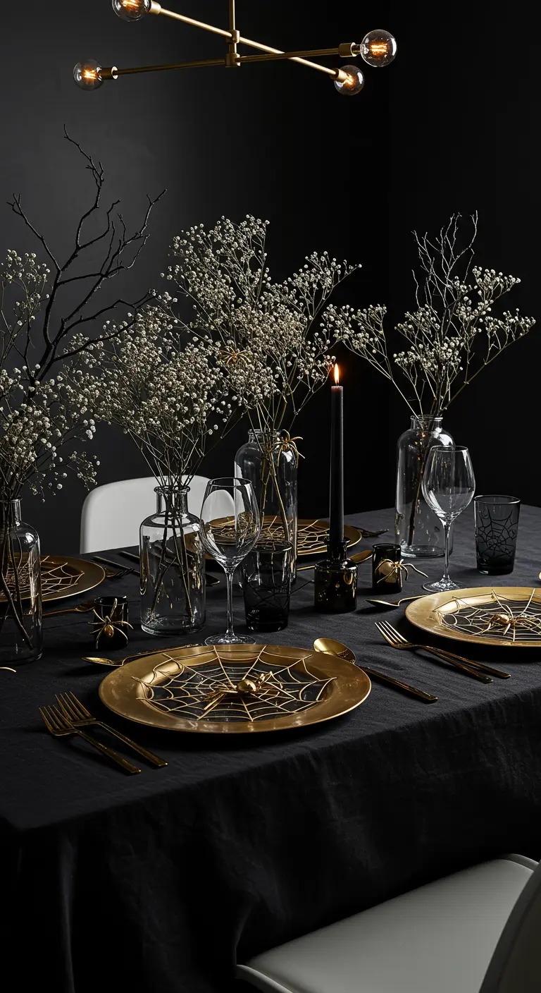 Gros plan sur une assiette dorée avec un motif de toile d'araignée sur une table noire.