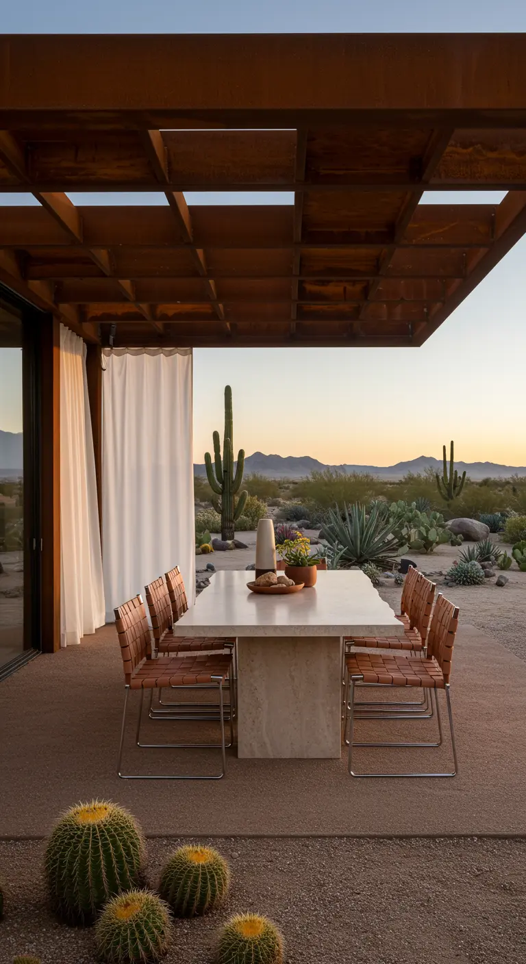 Pergola en acier Corten dans un paysage désertique au coucher du soleil