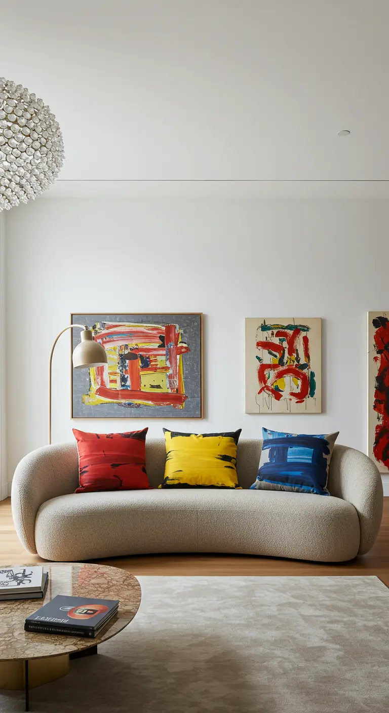 Canapé incurvé moderne avec trois coussins aux motifs de peinture abstraite.