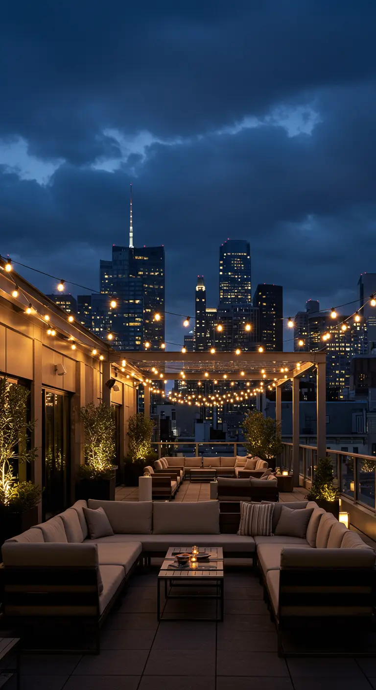 Toit-terrasse urbain avec canapés modernes et guirlandes lumineuses suspendues au-dessus.