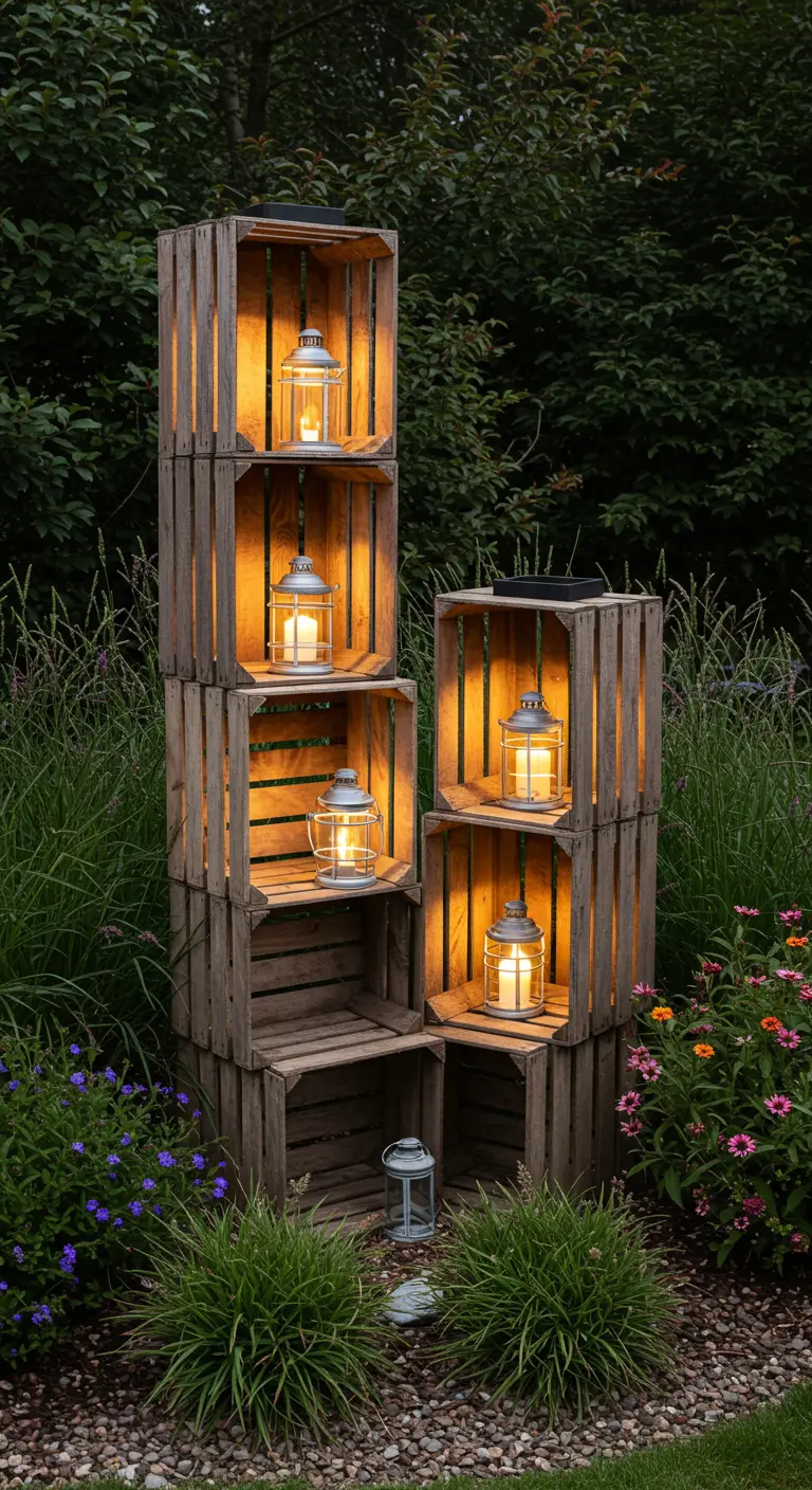 Structure verticale faite de caisses en bois empilées, avec des lanternes solaires à l'intérieur.