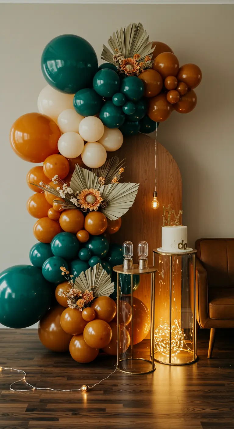 Arche de ballons asymétrique bohème avec panneau en bois et fleurs séchées.