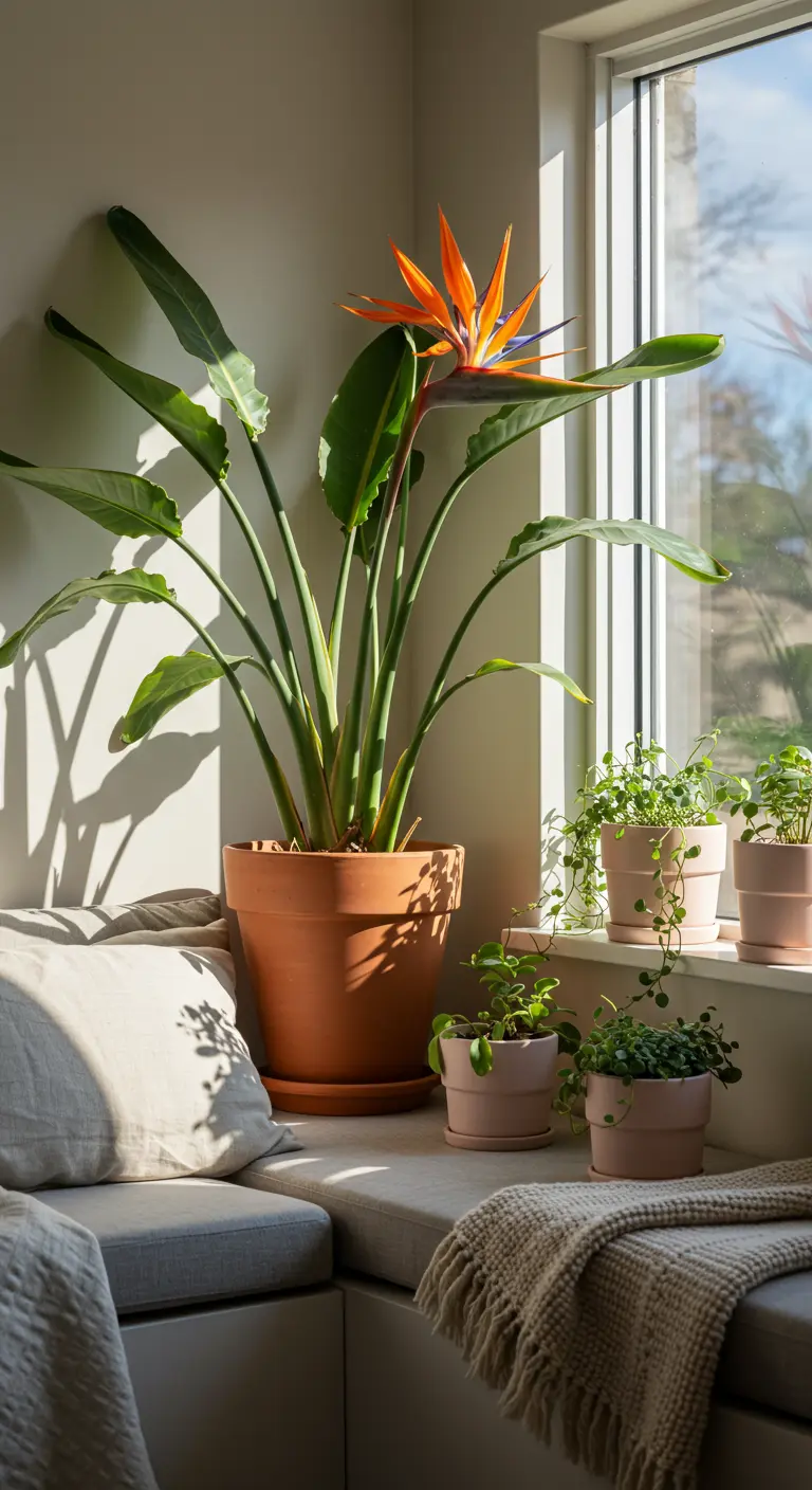 Strelitzia reginae en pot terre cuite, petites plantes roses sur rebord de fenêtre.