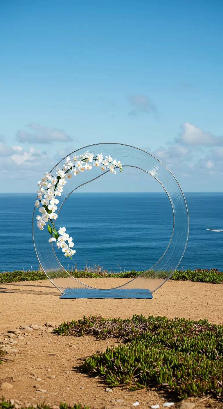 Arche circulaire transparente sur une falaise, avec vue sur l'océan et quelques orchidées.