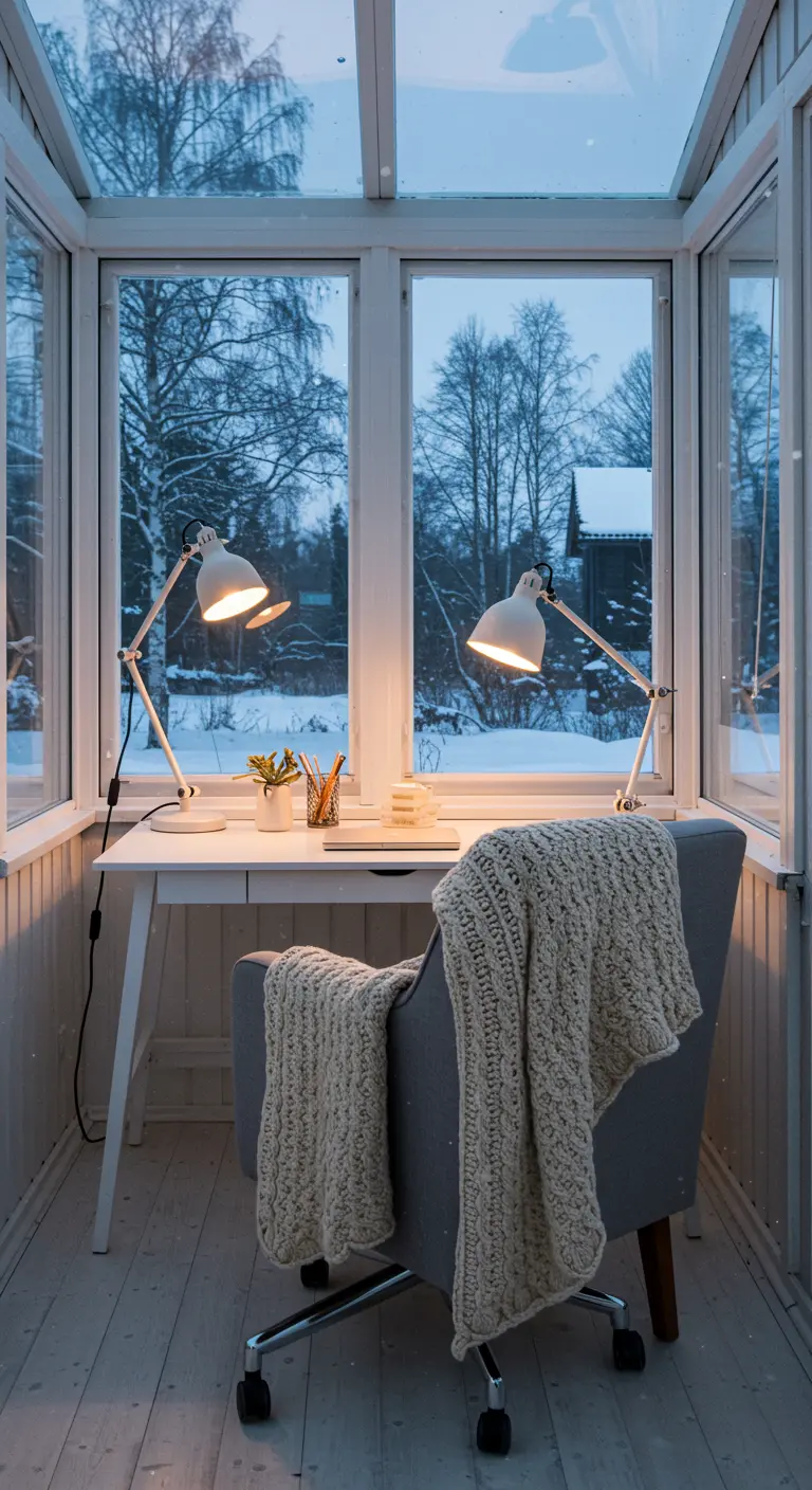 Bureau dans une véranda vitrée avec vue sur la neige, deux lampes et un grand plaid tricoté.