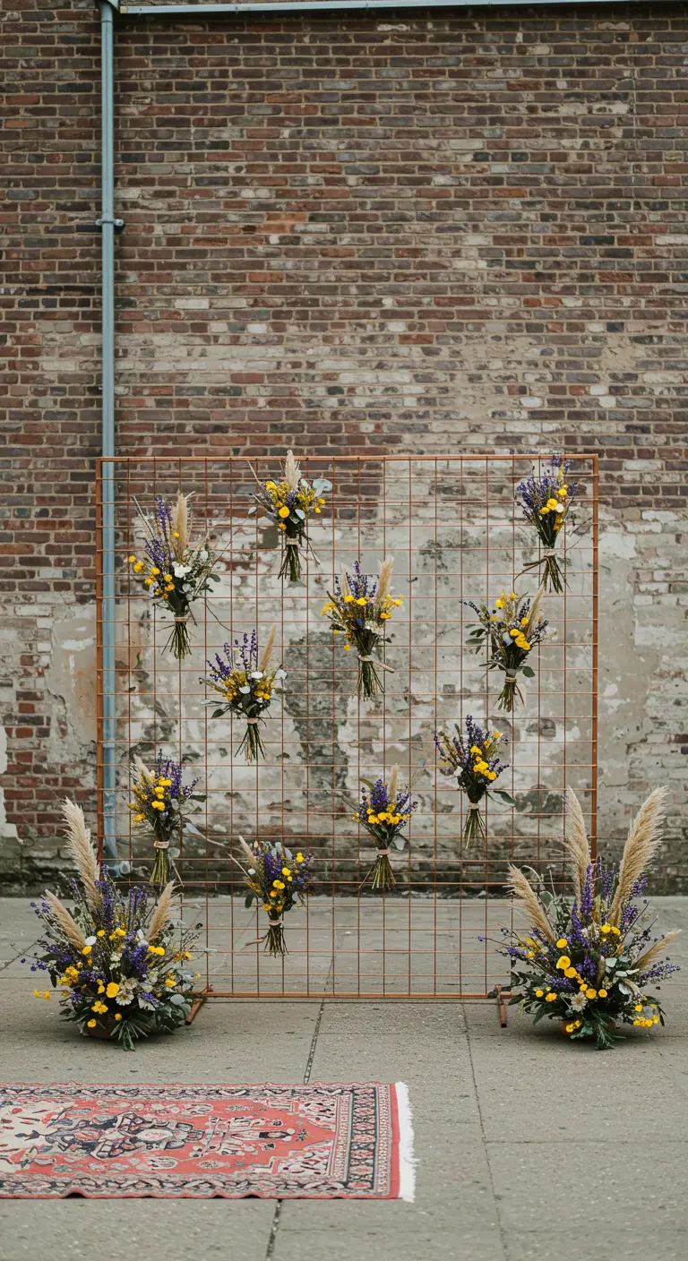 Un treillis métallique rouillé est décoré de petits bouquets de fleurs sauvages.