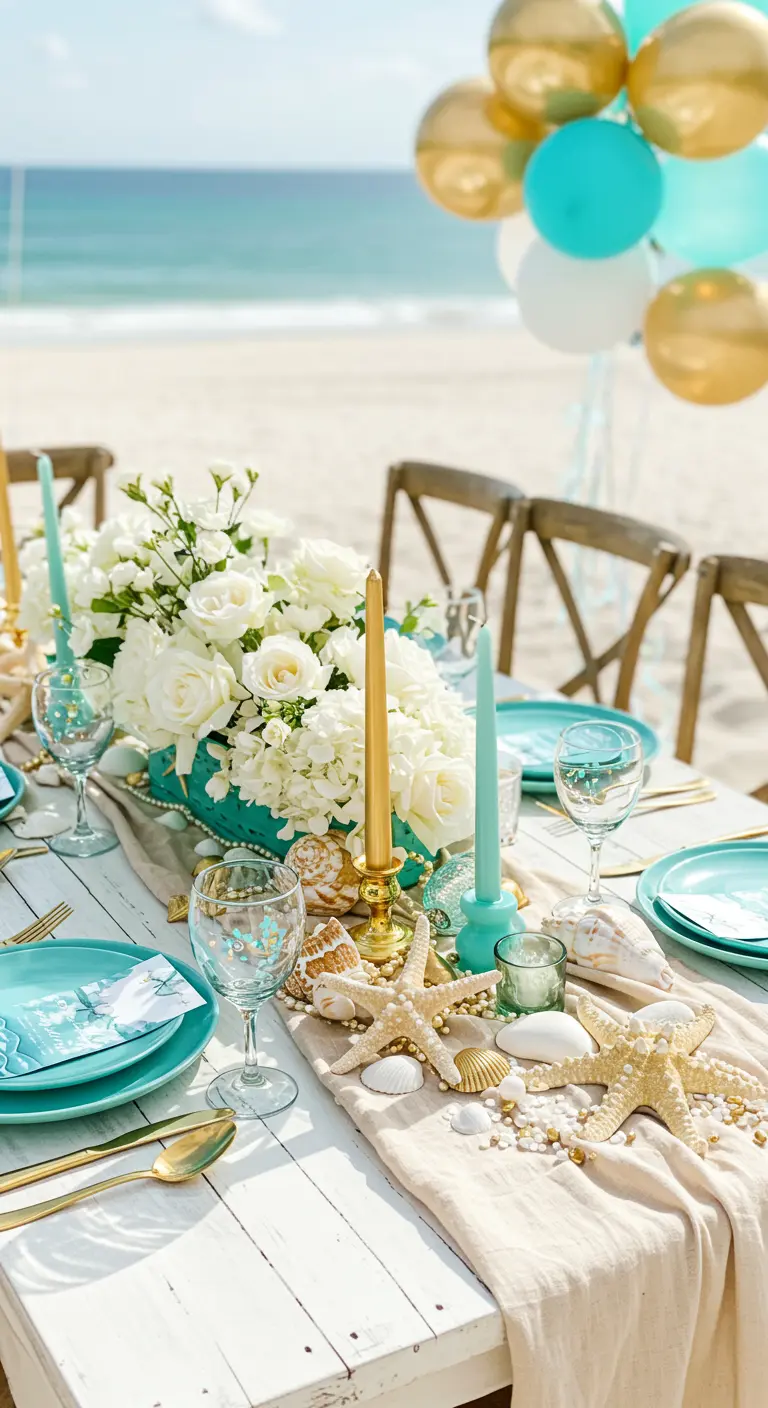 Décor de table de plage chic avec coquillages, étoiles de mer, bougies turquoise et or.
