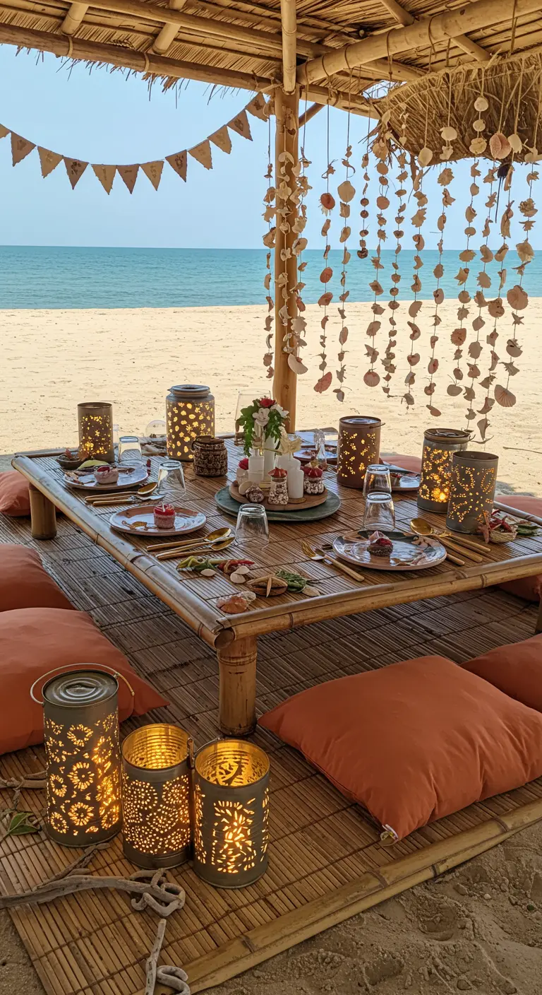 Dîner sur la plage avec des guirlandes de coquillages et des lanternes en métal.