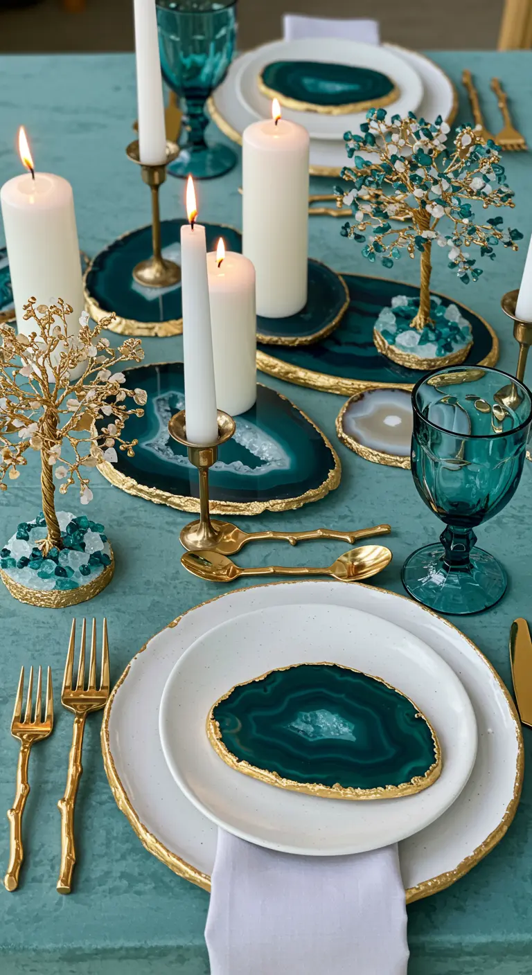 Table de fête turquoise et or avec des sous-verres en agate et des arbres décoratifs.