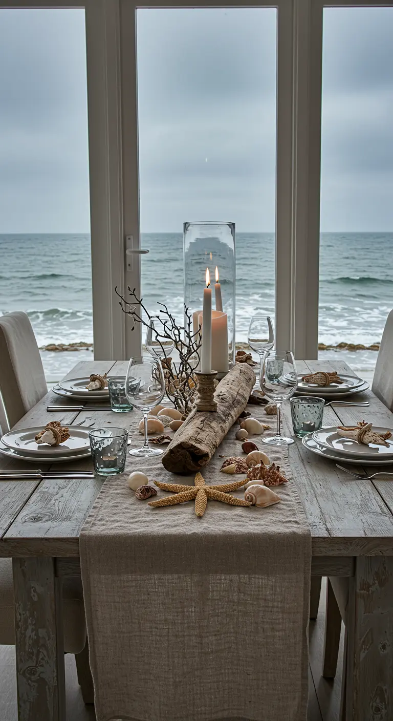 Décoration de table côtière avec bois flotté, coquillages et bougies.