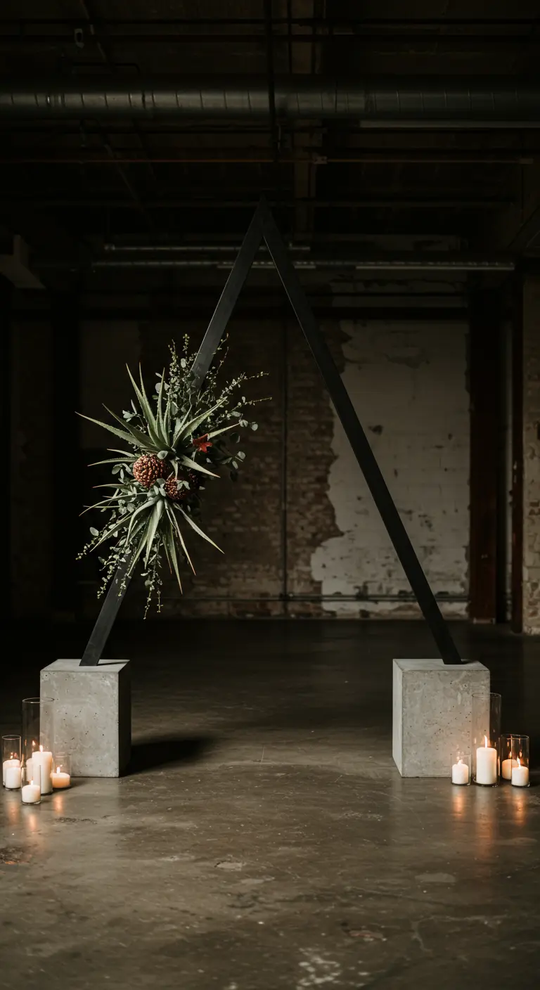 Arche de mariage triangulaire noire sur des bases en béton, décorée d'un côté.