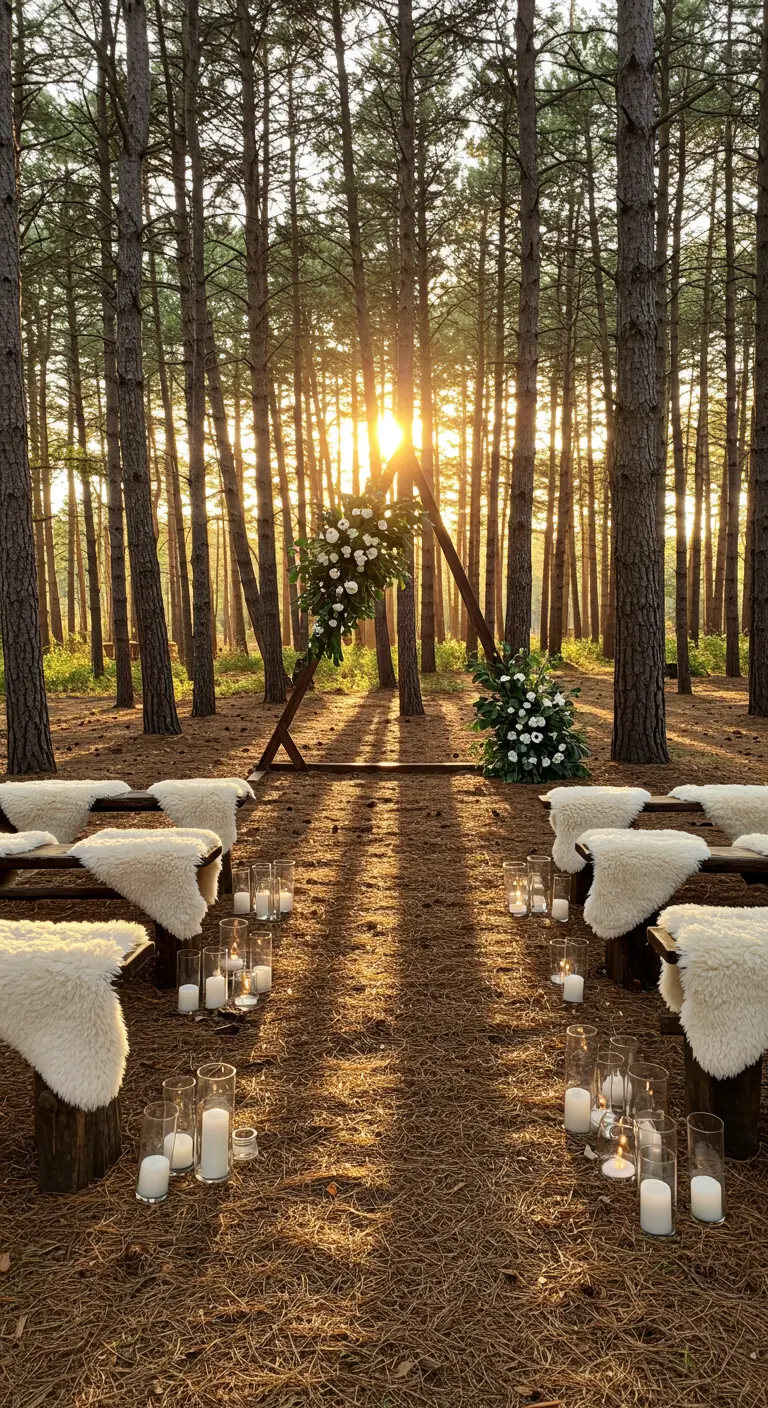 Arche de mariage triangulaire en bois dans une forêt, éclairée par des bougies.