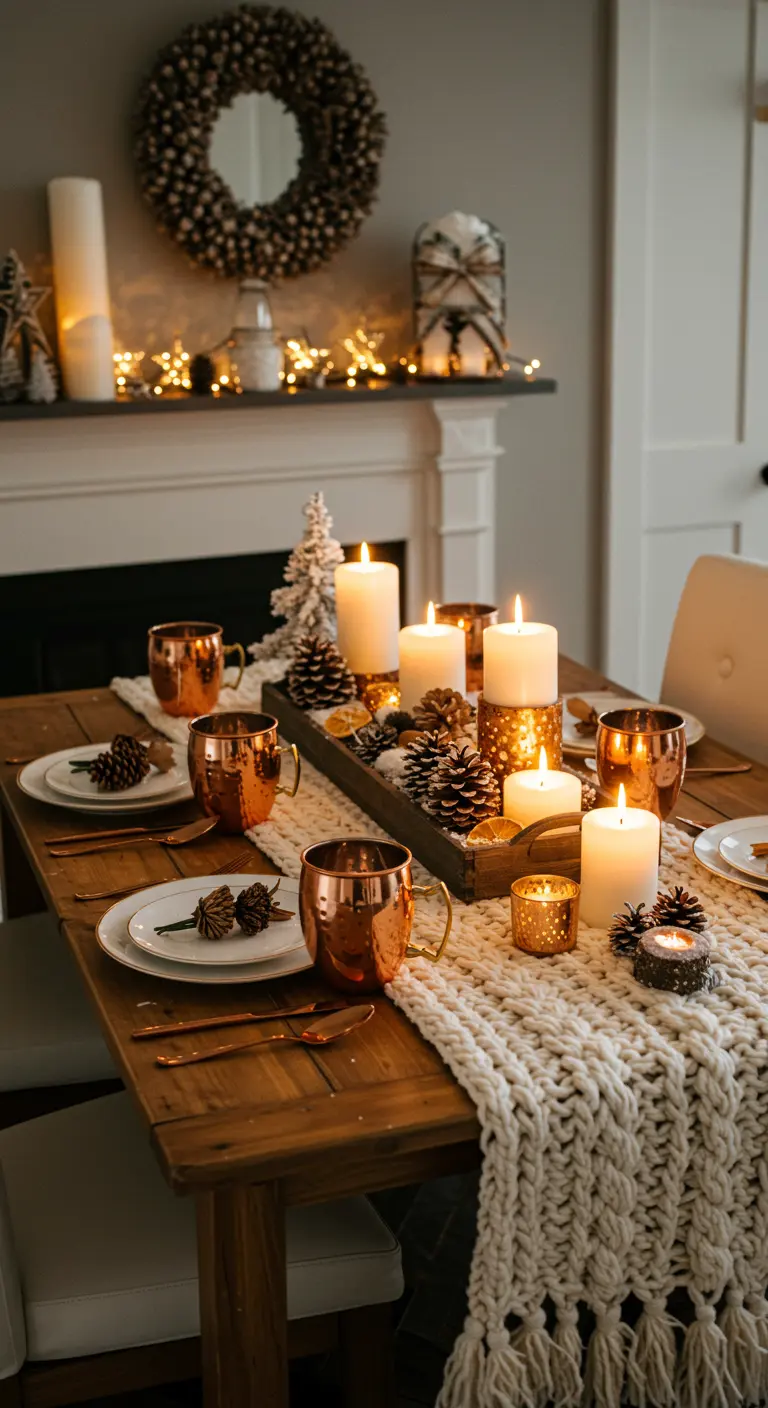 Table de fête cosy avec chemin de table en grosse maille et tasses en cuivre.