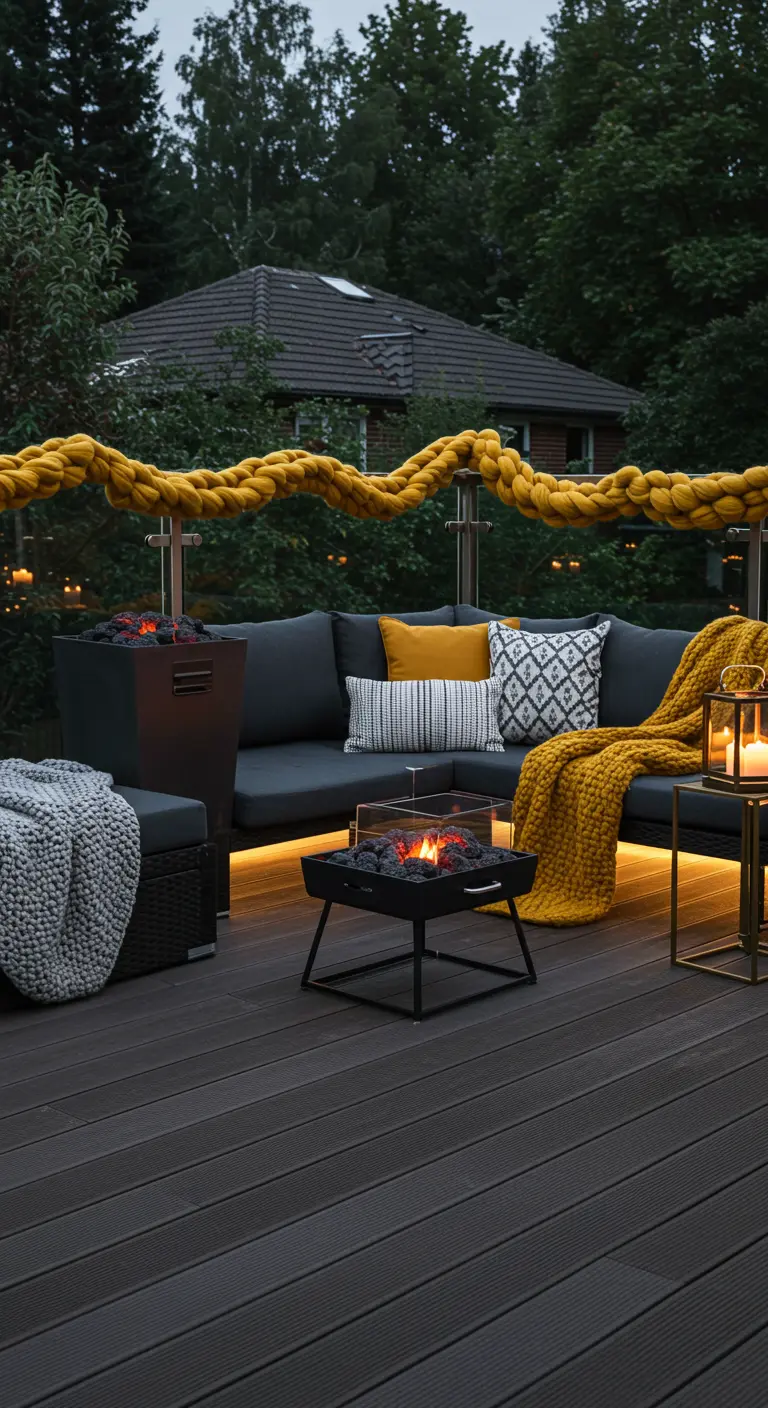 Terrasse moderne avec canapé gris, plaids et guirlande jaune tricotée.