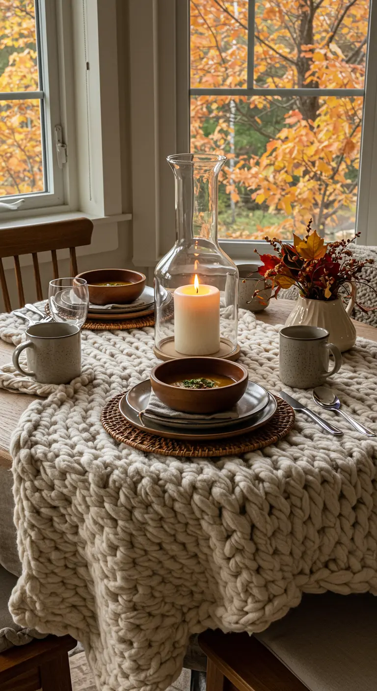Table de repas recouverte d'une couverture en grosse maille, avec de la vaisselle en céramique.
