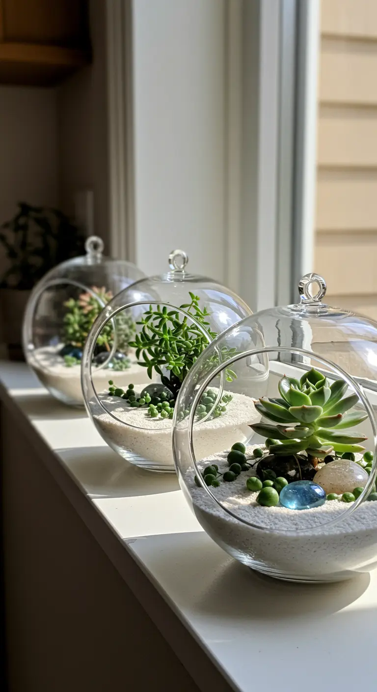 Trois terrariums sphériques sur un rebord de fenêtre, avec diverses succulentes et sable blanc.