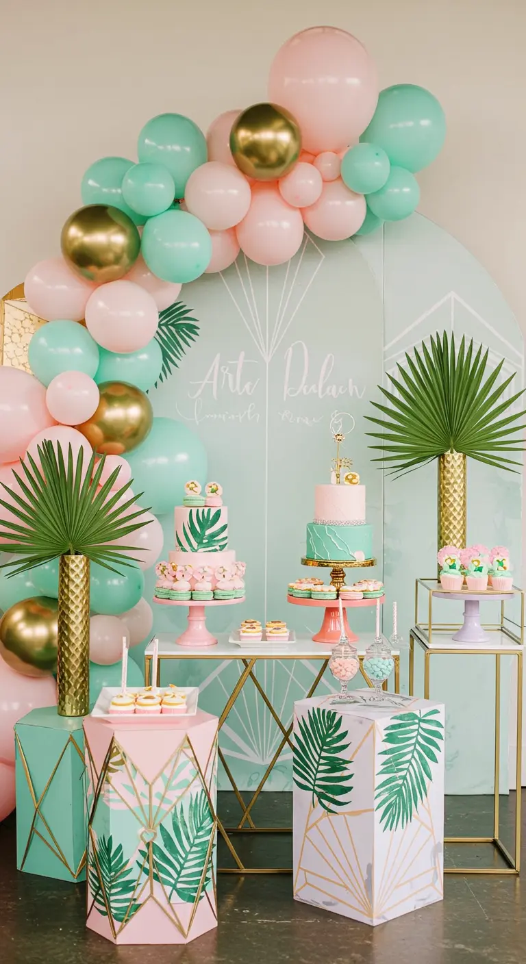 Buffet de fête Art Déco tropical avec des ballons pastel, des motifs dorés et des feuilles de palmier.