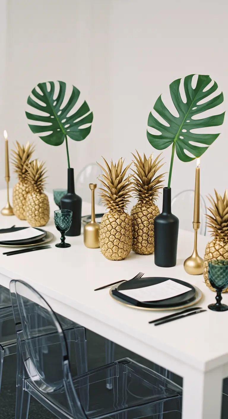Décor de table moderne avec ananas dorés, vases noirs et feuilles de monstera.
