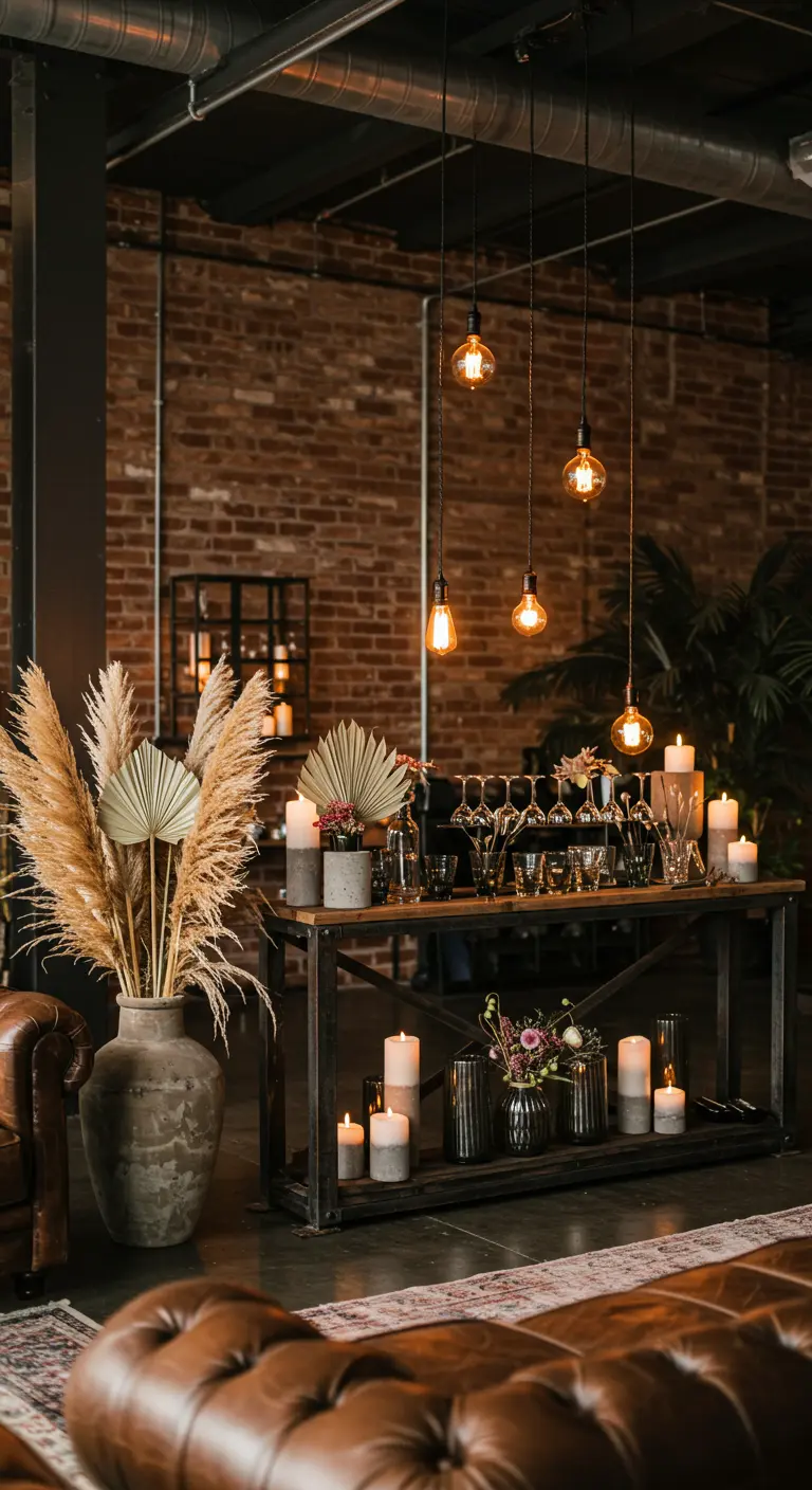 Décor de style industriel avec mur de briques, console en bois et métal, et pampas