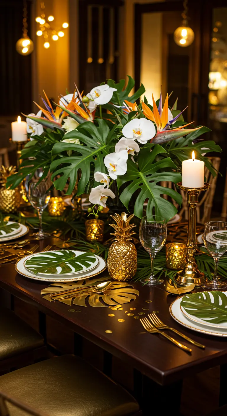 Table de dîner sur le thème tropical chic avec ananas dorés et feuilles de monstera.