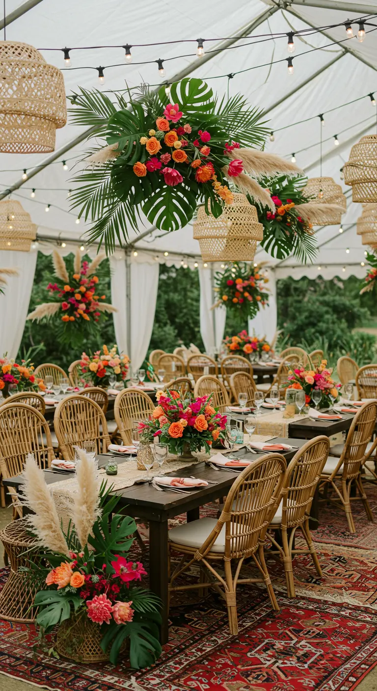 Réception de mariage bohème tropicale sous tente avec arrangements floraux exotiques, suspensions en osier et tapis orientaux.
