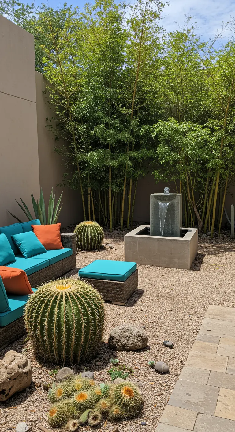 Jardin désertique moderne avec cactus, fontaine carrée et canapé extérieur turquoise et orange.