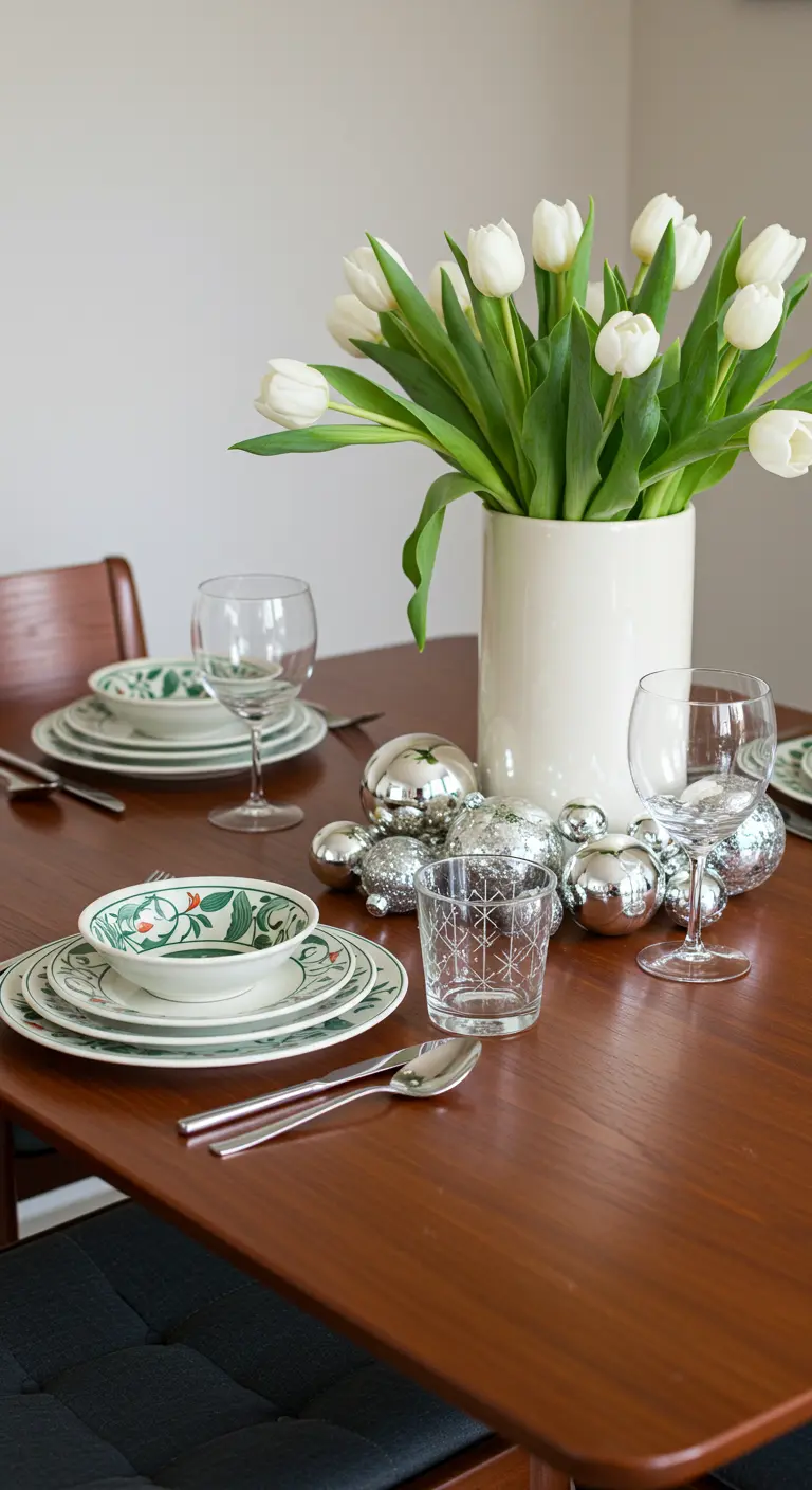 Vase de tulipes blanches avec des boules argentées sur une table en bois et vaisselle vintage.