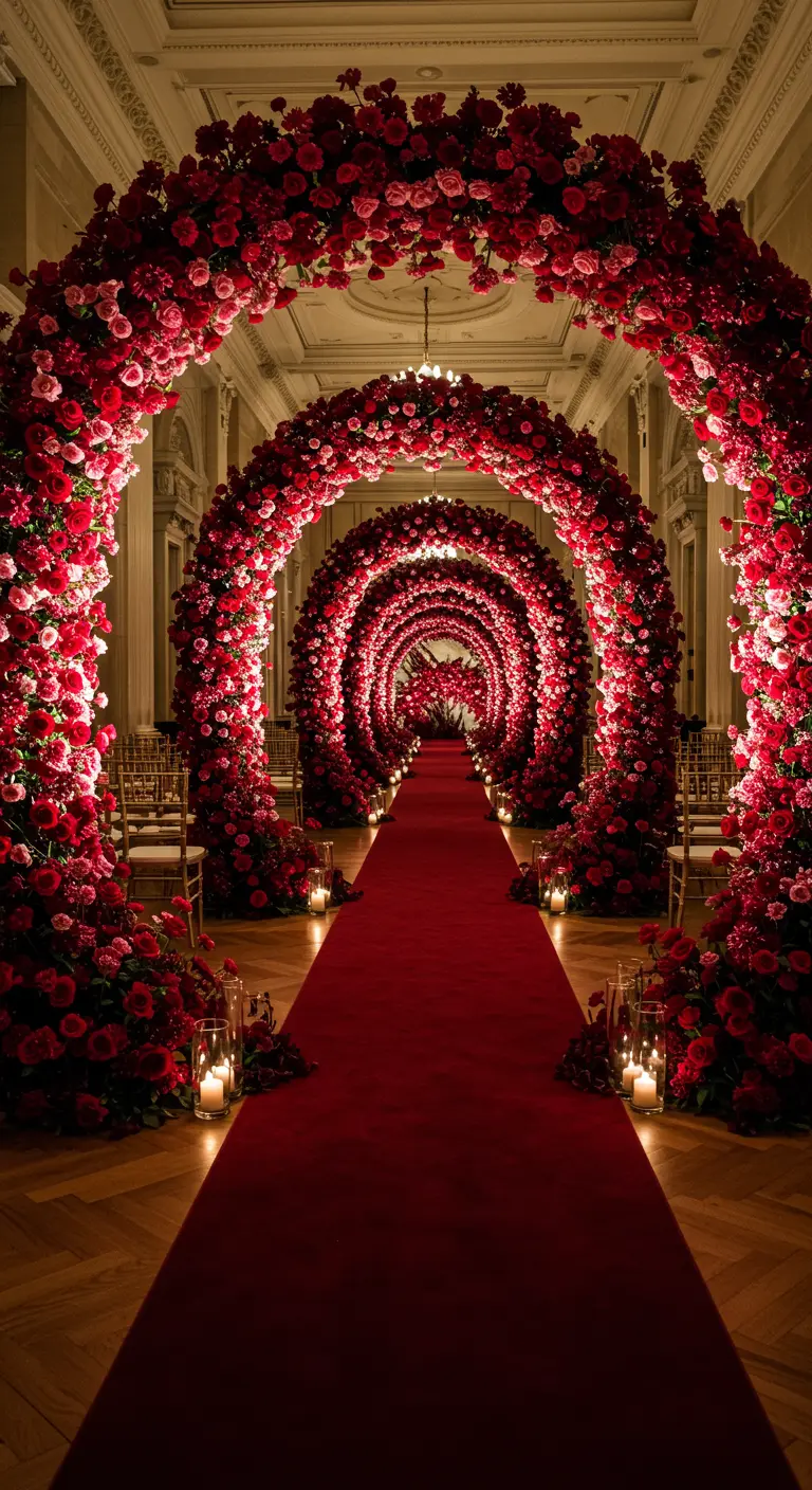 Un long tunnel d'arches de roses rouges avec un tapis rouge.