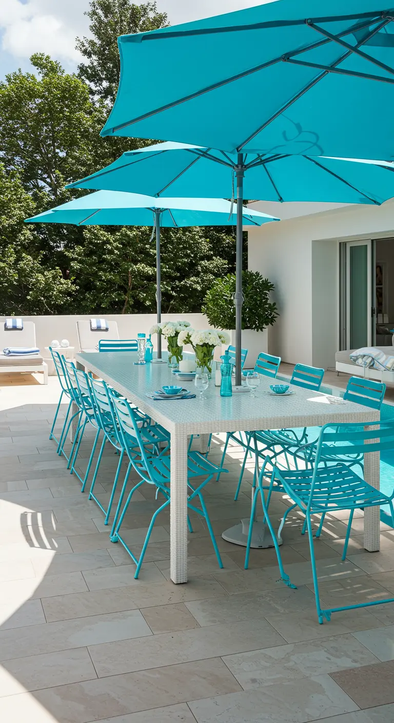 Longue table blanche, chaises pliantes turquoise, multiples parasols turquoise au bord d'une piscine.