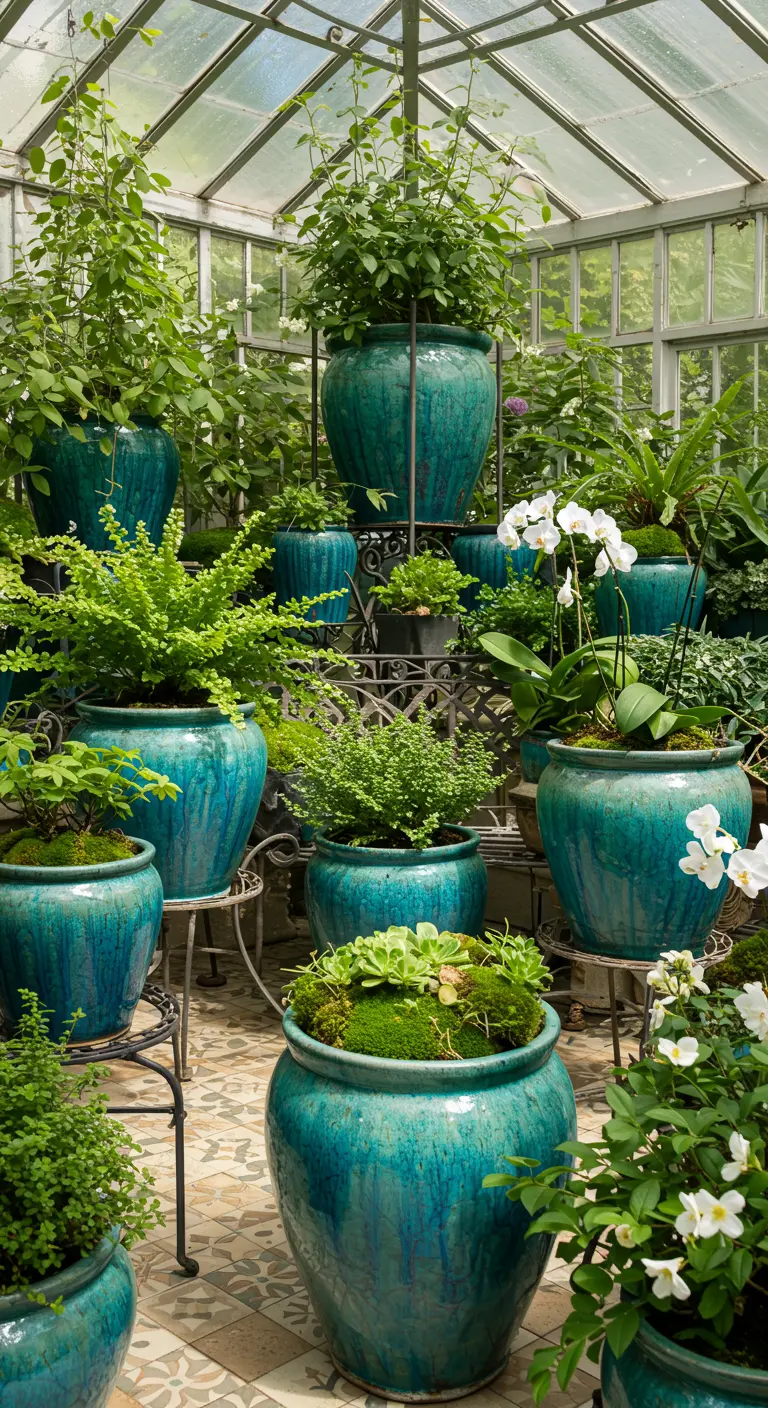 Serre remplie de pots en céramique turquoise et bleu-vert, garnis d'une grande variété de plantes vertes et d'orchidées blanches.