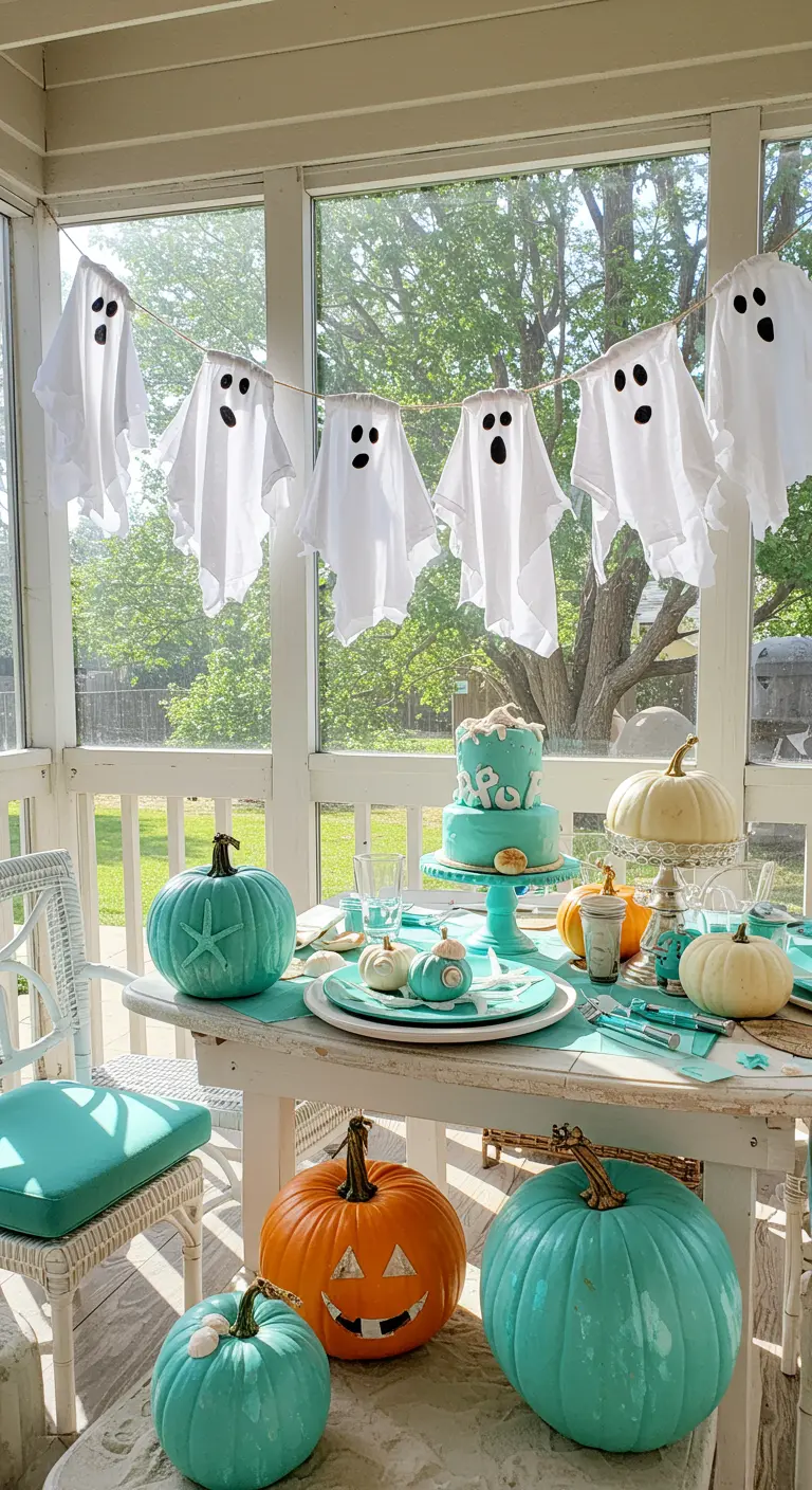 Table de fête sur un porche avec des décorations turquoise et orange.