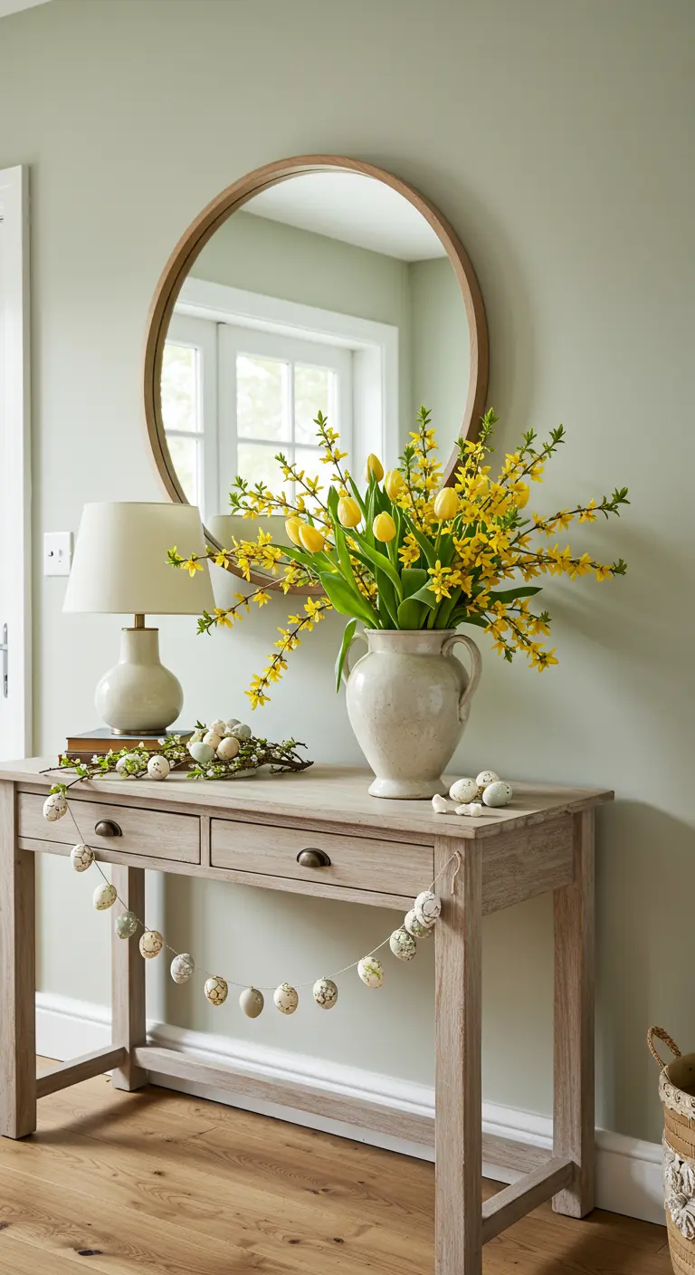 Console d'entrée en bois avec un grand bouquet de fleurs jaunes et des décorations de Pâques.