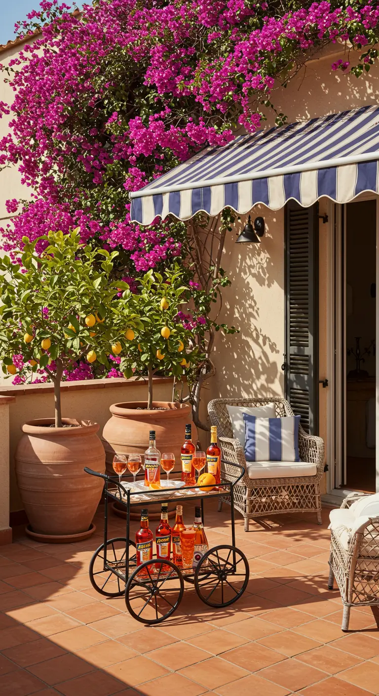 Terrasse de style italien avec des citronniers en pot, un chariot-bar et un auvent rayé.